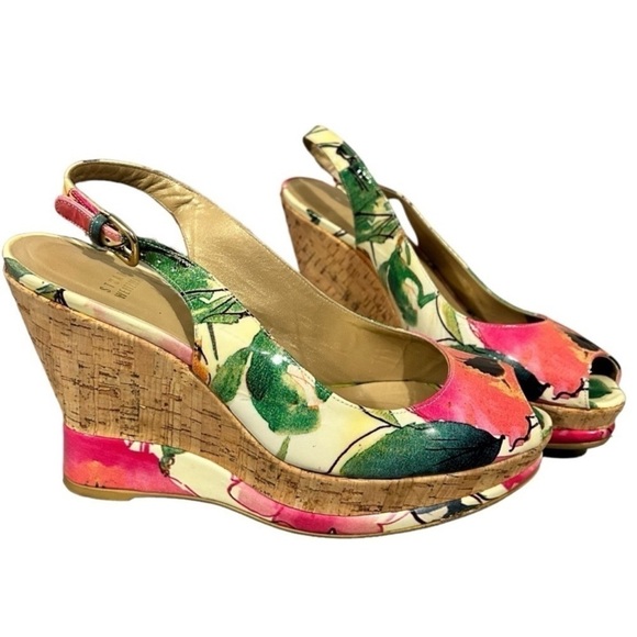 Stuart Weitzman Colorful Floral Peep Toe Wedges Cork Platform Slingback VGC 8.5 - Picture 2 of 12